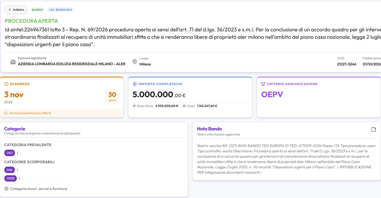 Scheda di un bando in FareAppalti.AI: scadenza, importo, criterio e categorie
