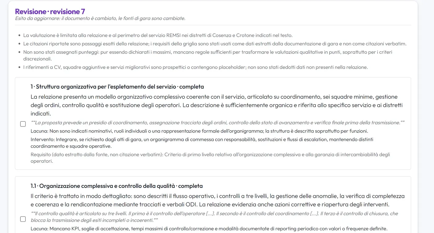 Valutazione della relazione tecnica criterio per criterio