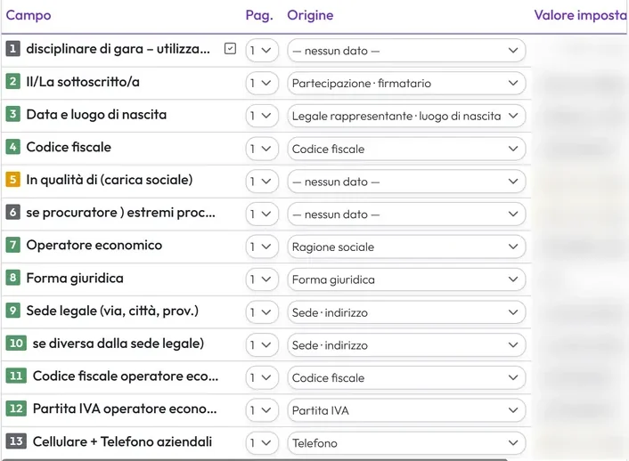 Campi del modulo collegati ai dati aziendali