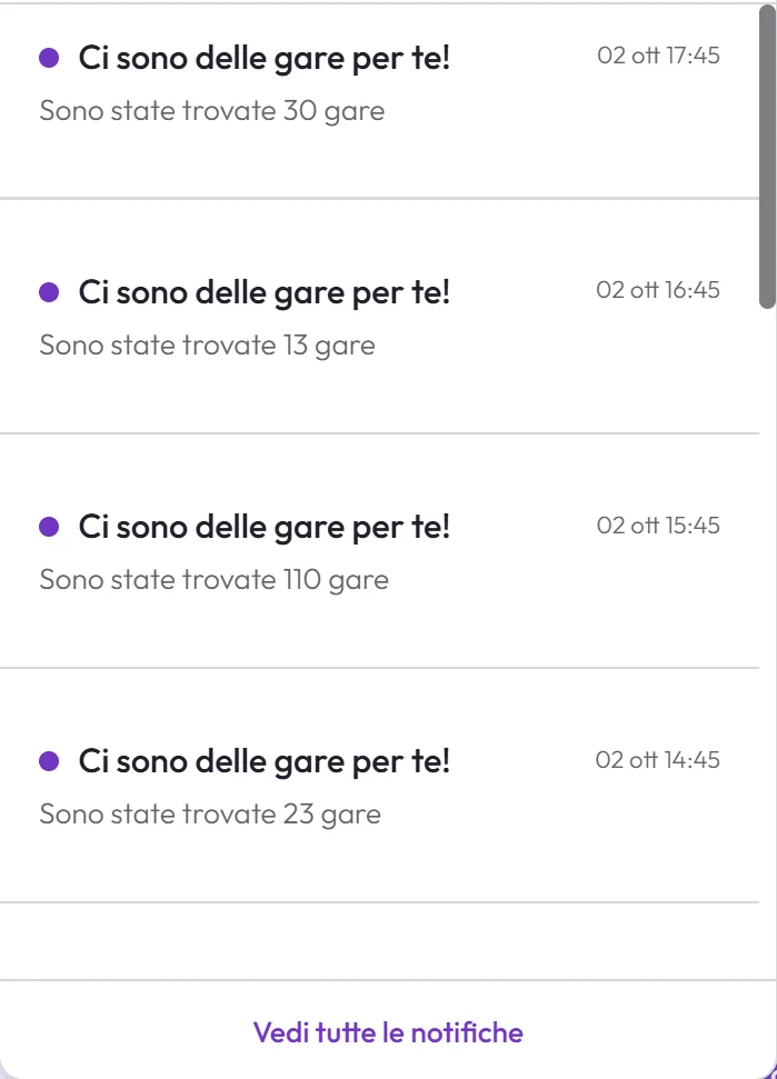 Notifiche delle nuove gare trovate per te