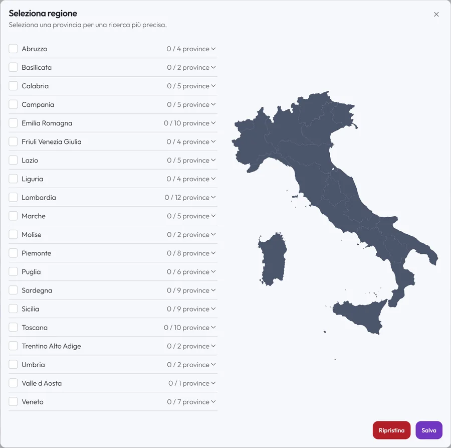 Selezione di regioni e province sulla mappa