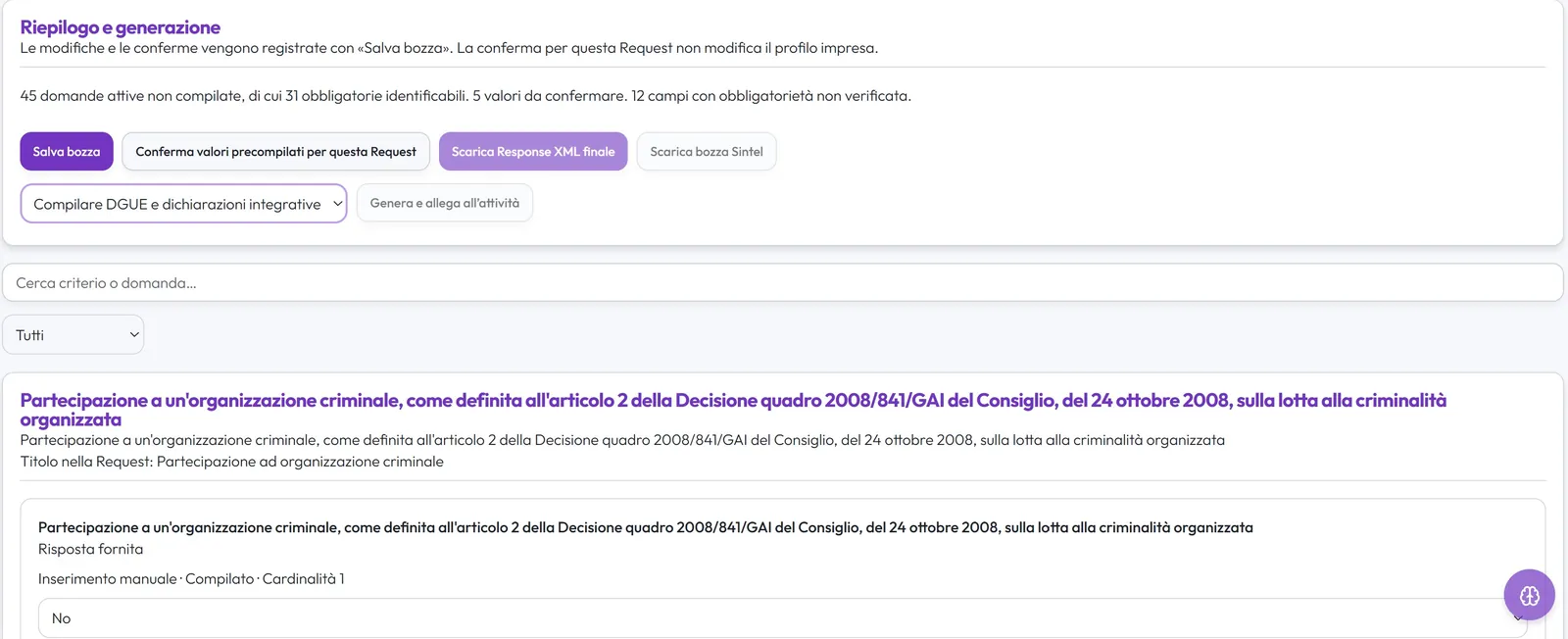 DGUE: riepilogo delle domande da completare e generazione della Response