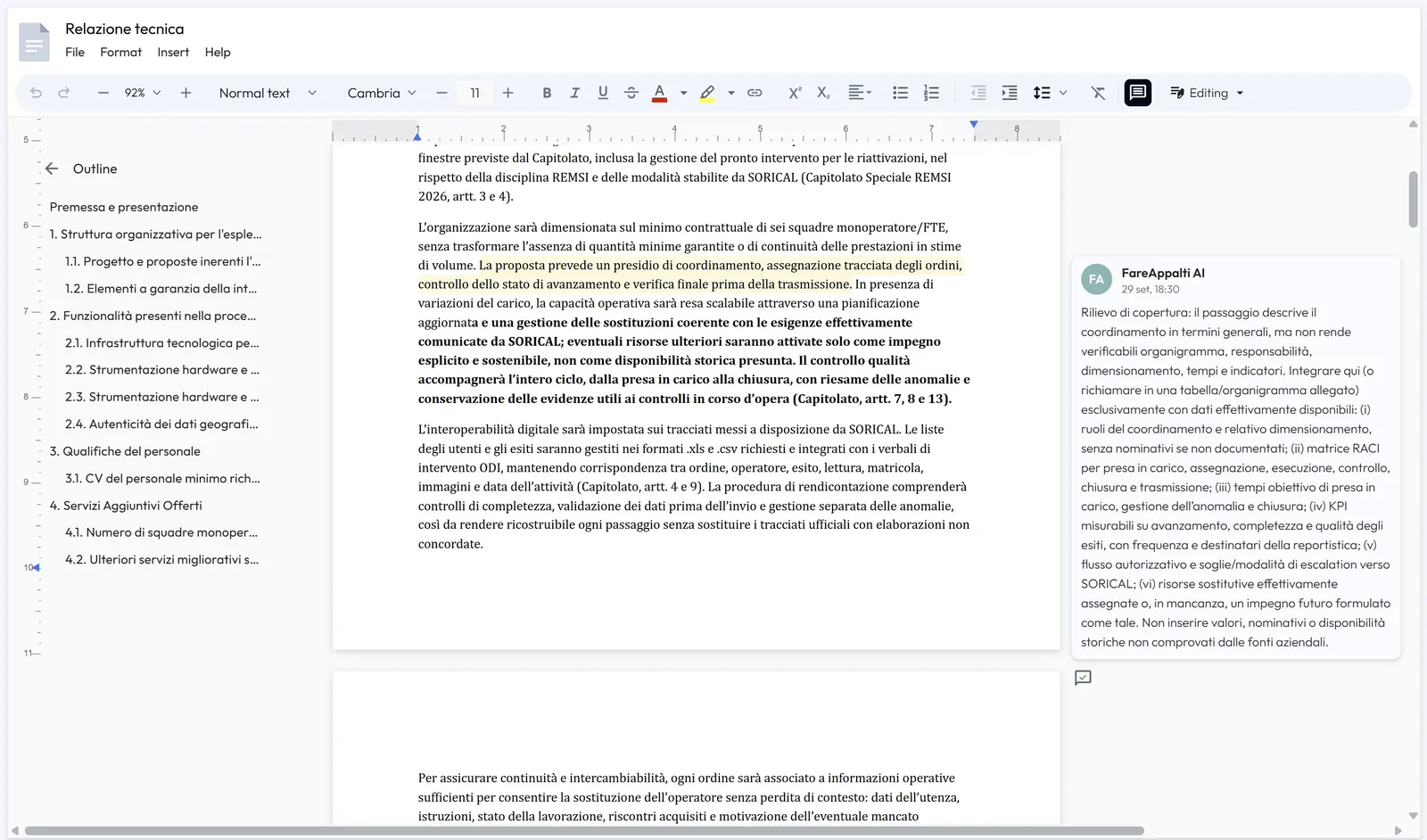 Area tecnica: editor della relazione tecnica con i rilievi di Viola in FareAppalti.AI