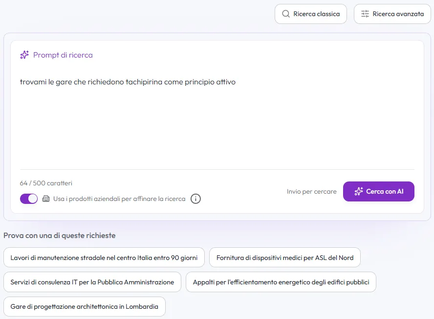 Ricerca con Viola che usa i prodotti aziendali per trovare le gare adatte